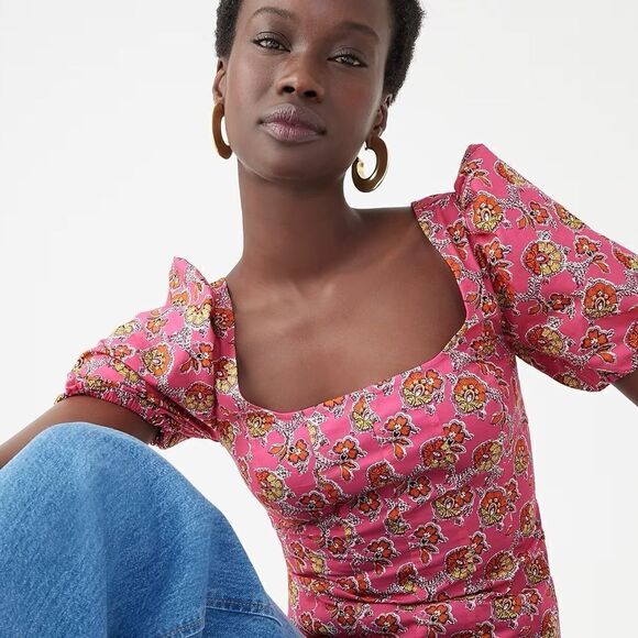 J Crew Collection Puff-sleeve Squareneck Top in Ratti® Pink Blooms Print NWT - Picture 3 of 11